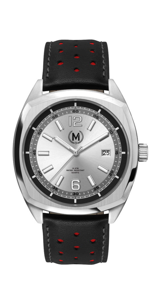 Silver Dial Driver, Black And Red Strap