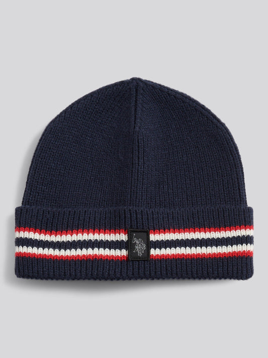 Mens Brand Stripe Knit Beanie in Dark Sapphire Navy