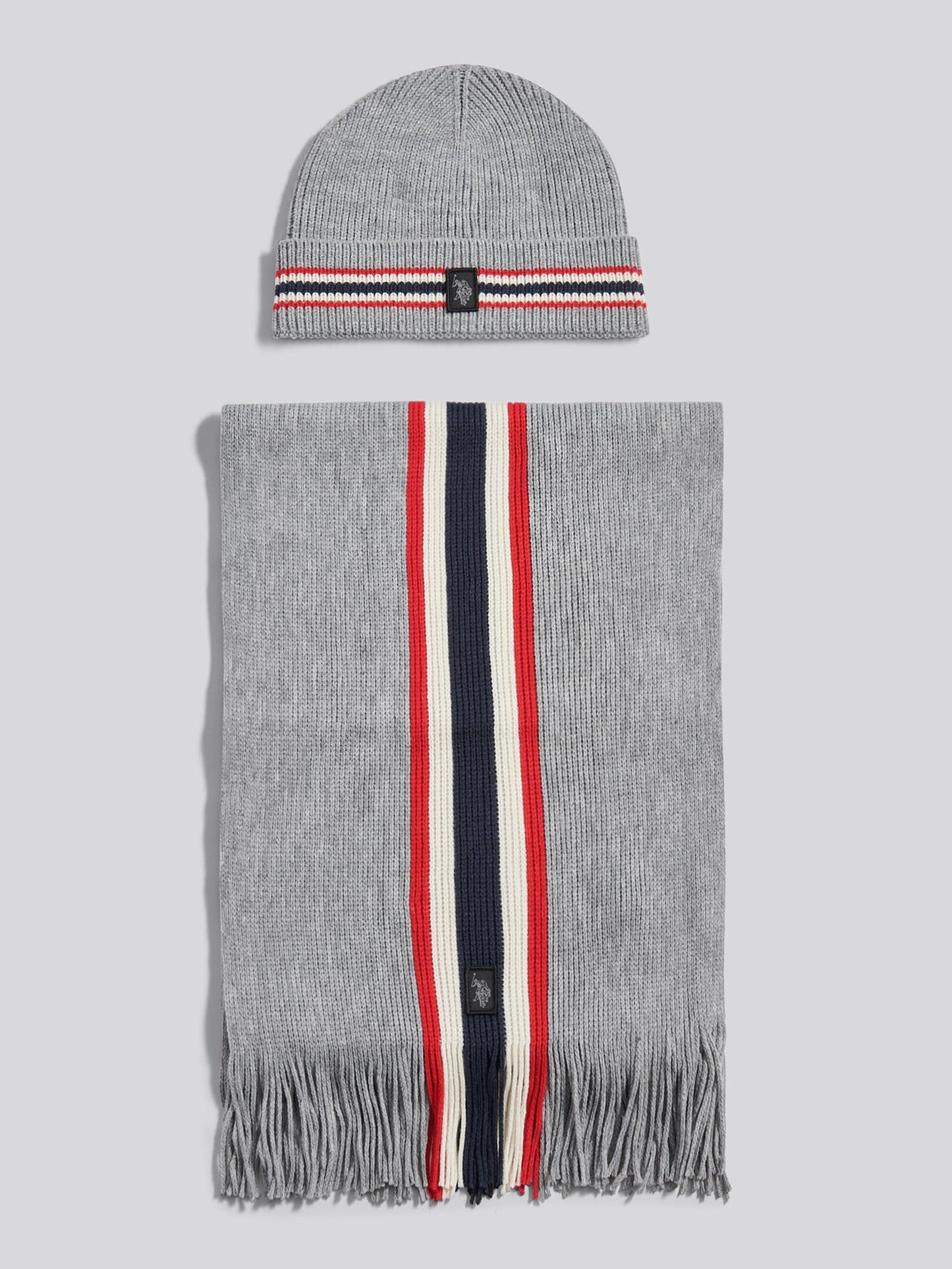 Mens Brand Stripe Beanie & Scarf Box Set in Mid Grey Marl