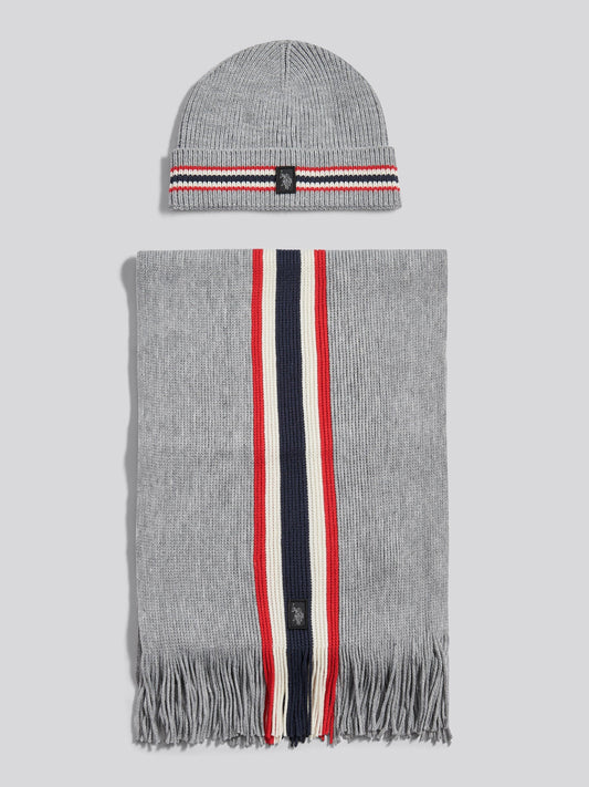 Mens Brand Stripe Beanie & Scarf Box Set in Mid Grey Marl