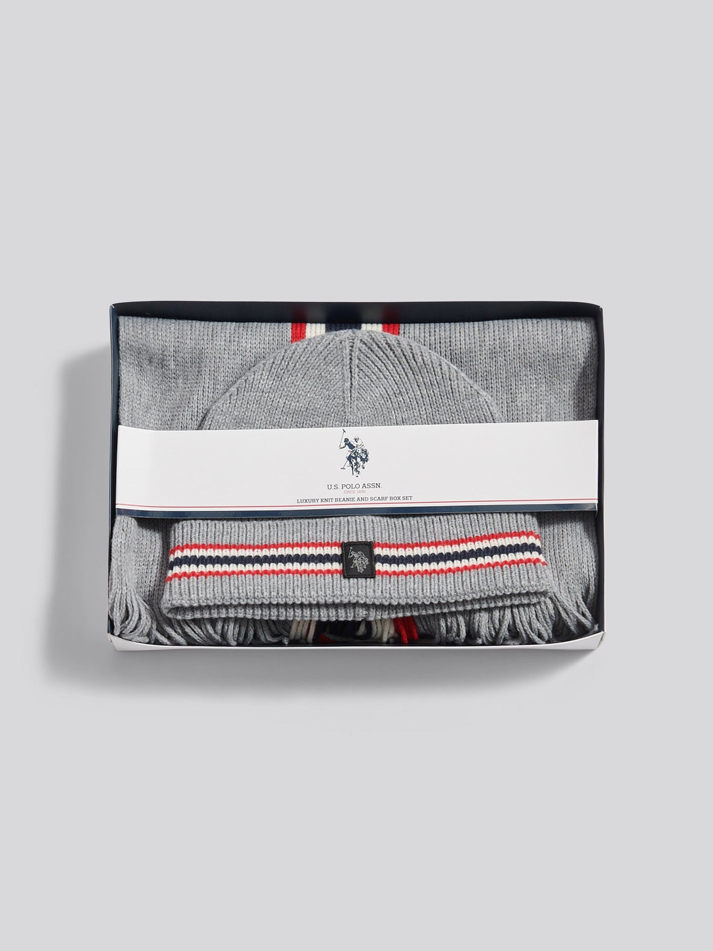 Mens Brand Stripe Beanie & Scarf Box Set in Mid Grey Marl