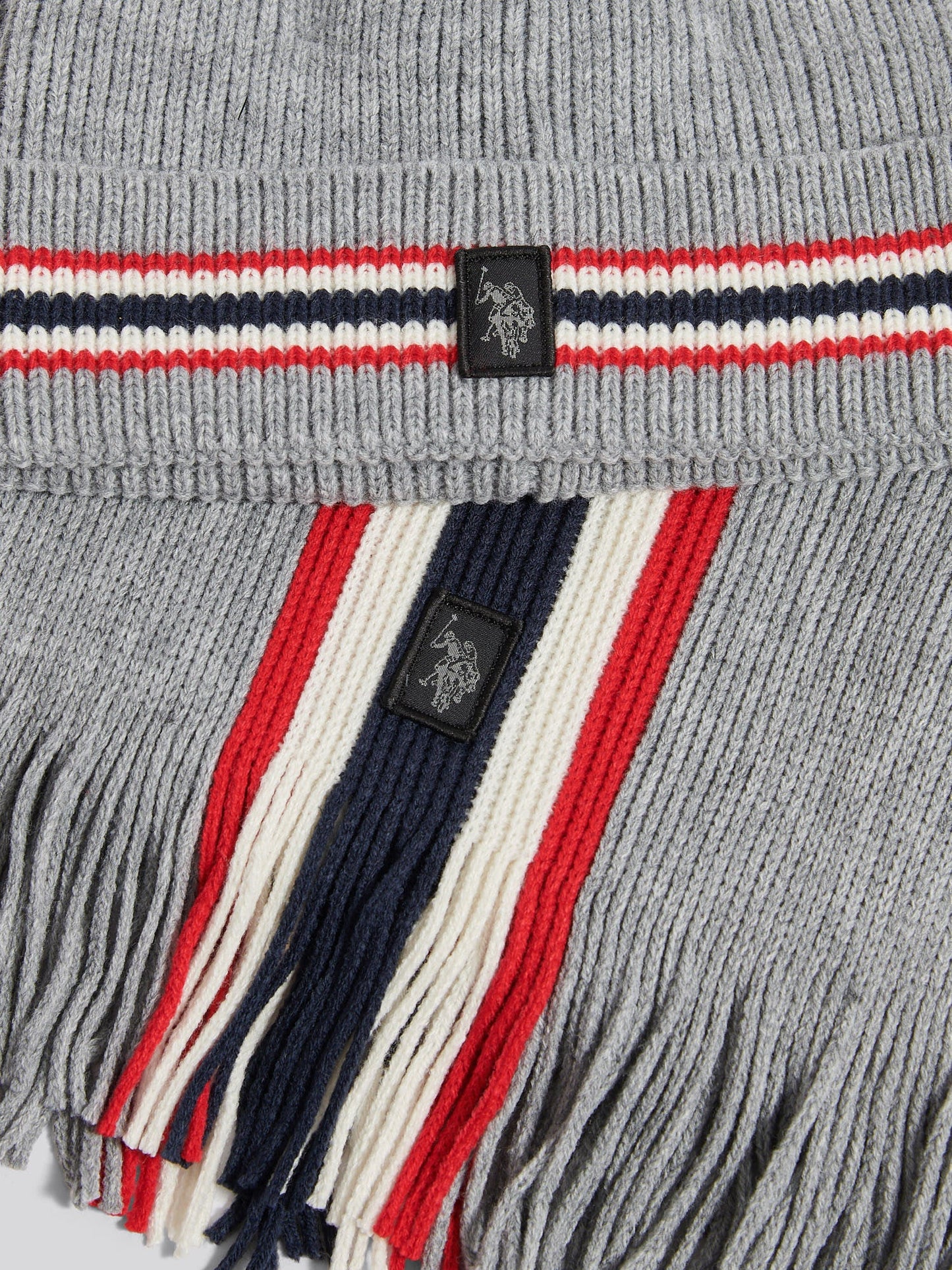 Mens Brand Stripe Beanie & Scarf Box Set in Mid Grey Marl