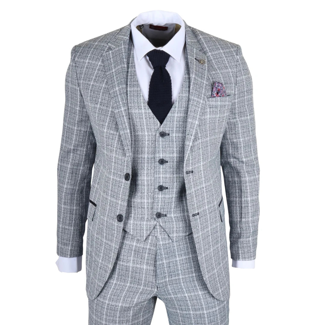 IM11 - Men's Light Blue 3 Piece Plaid Check Suit