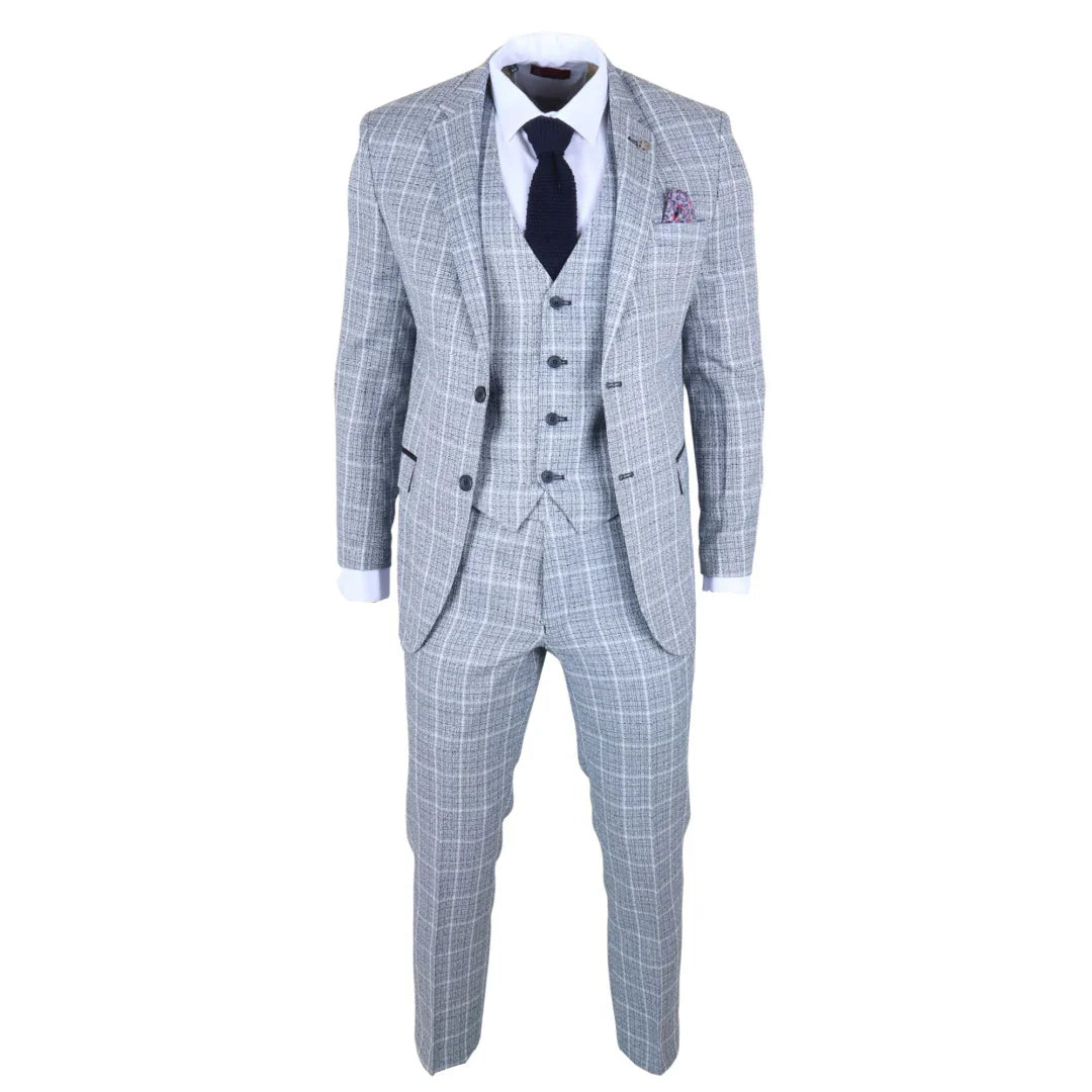 IM11 - Men's Light Blue 3 Piece Plaid Check Suit