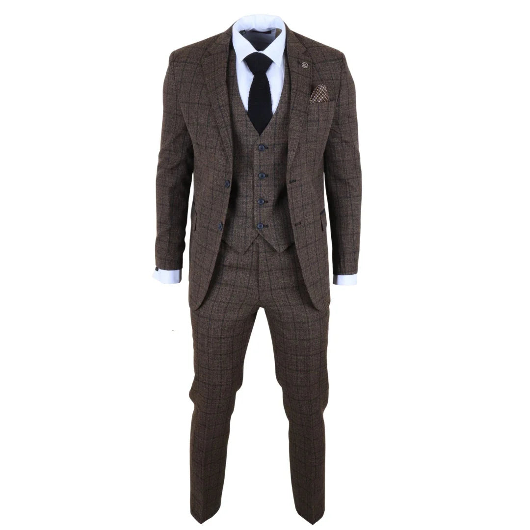 IM11 - Men's Dark Brown 3 Piece Plaid Check Suit