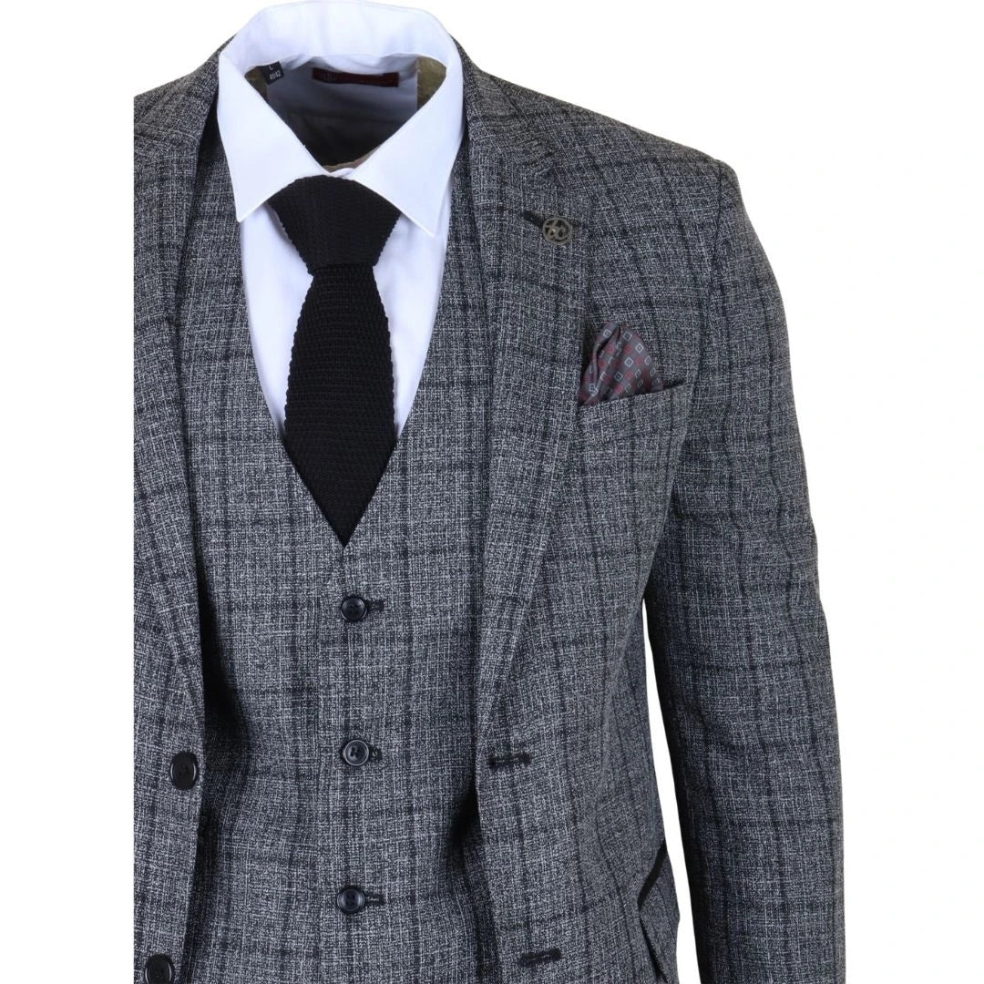 IM11 - Men's Charcoal 3 Piece Tailored Fit Check Suit