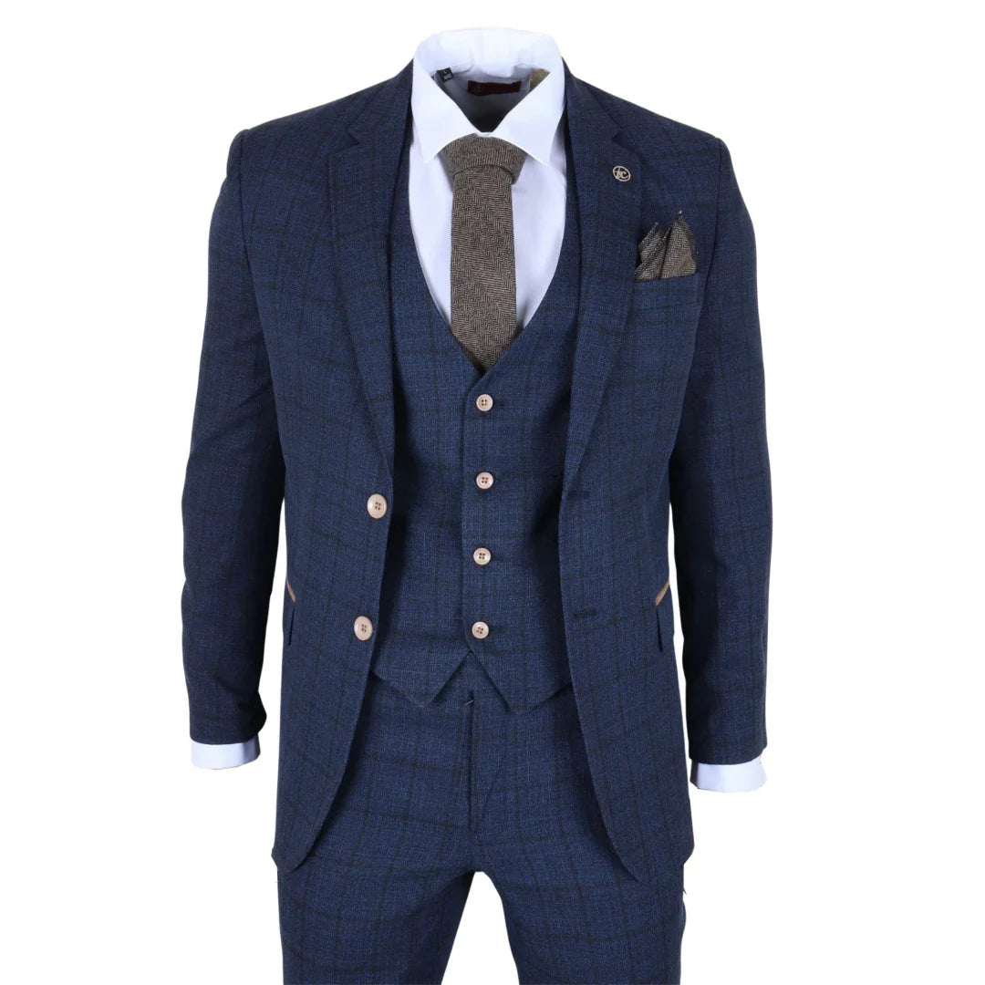 IM11 - Men's Navy 3 Piece Plaid Check Suit