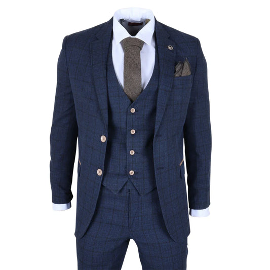 IM11 - Men's Navy 3 Piece Plaid Check Suit