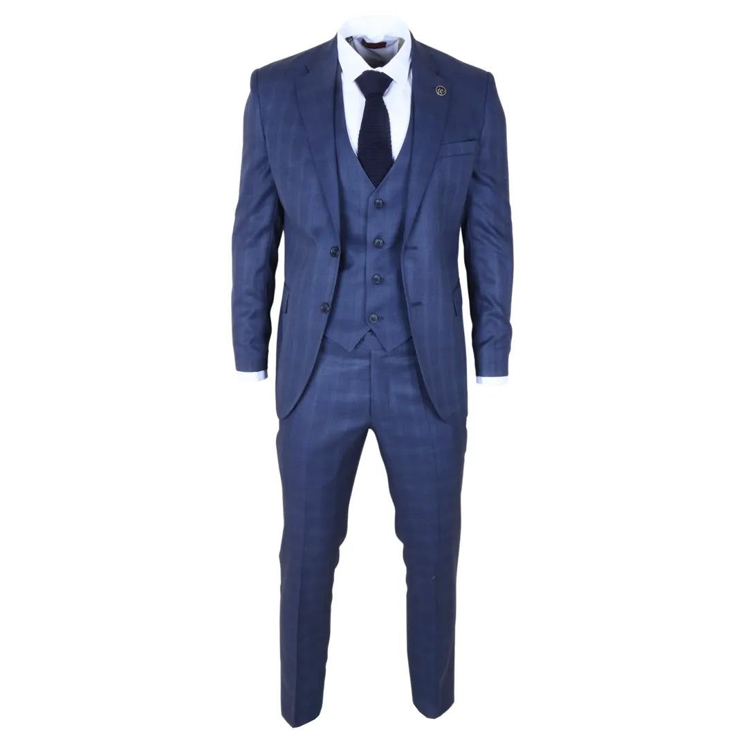 IM31 - Men's Blue 3 Piece Prince Of Wales Check Suit