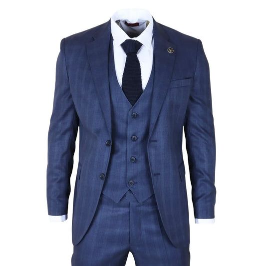 IM31 - Men's Blue 3 Piece Prince Of Wales Check Suit