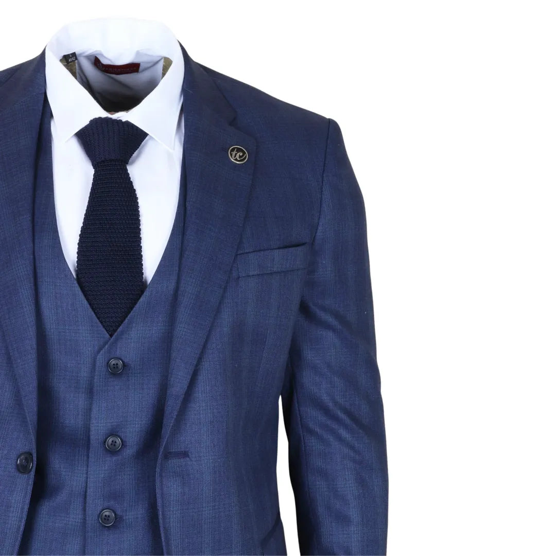 IM31 - Men's Blue 3 Piece Prince Of Wales Check Suit