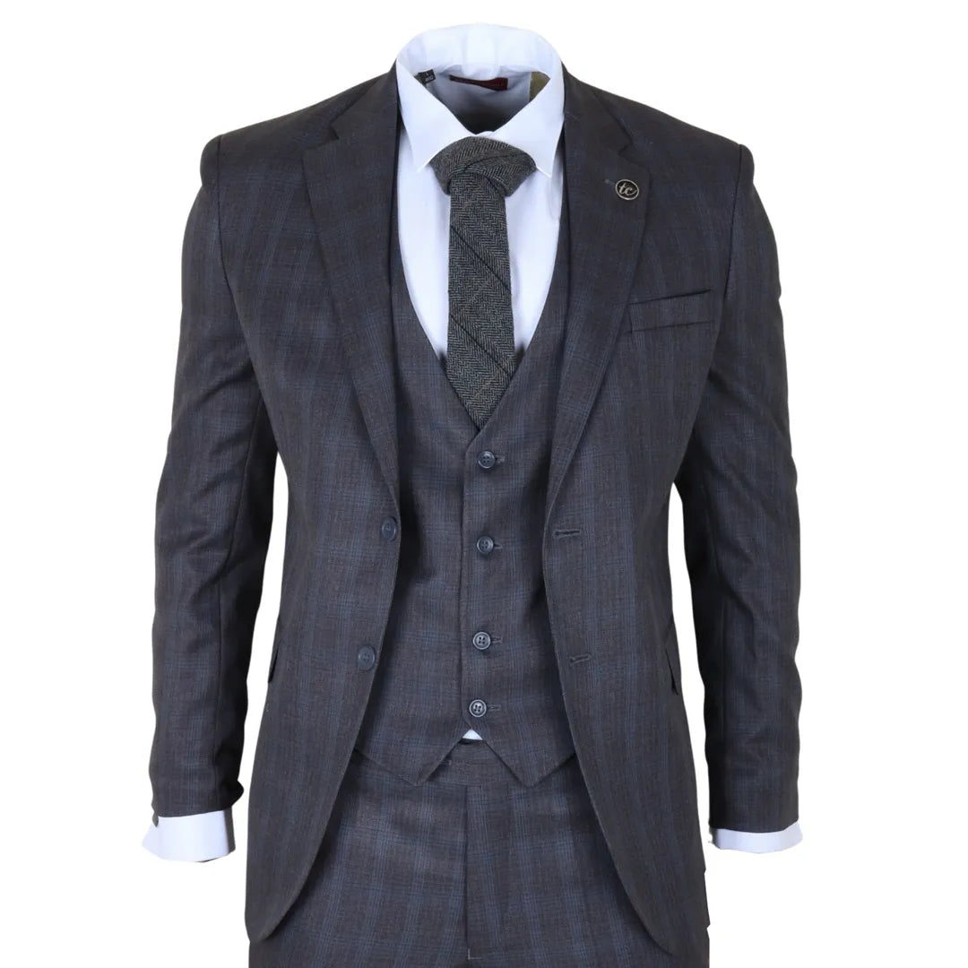 IM31 - Men's Charcoal 3 Piece Prince Of Wales Check Suit