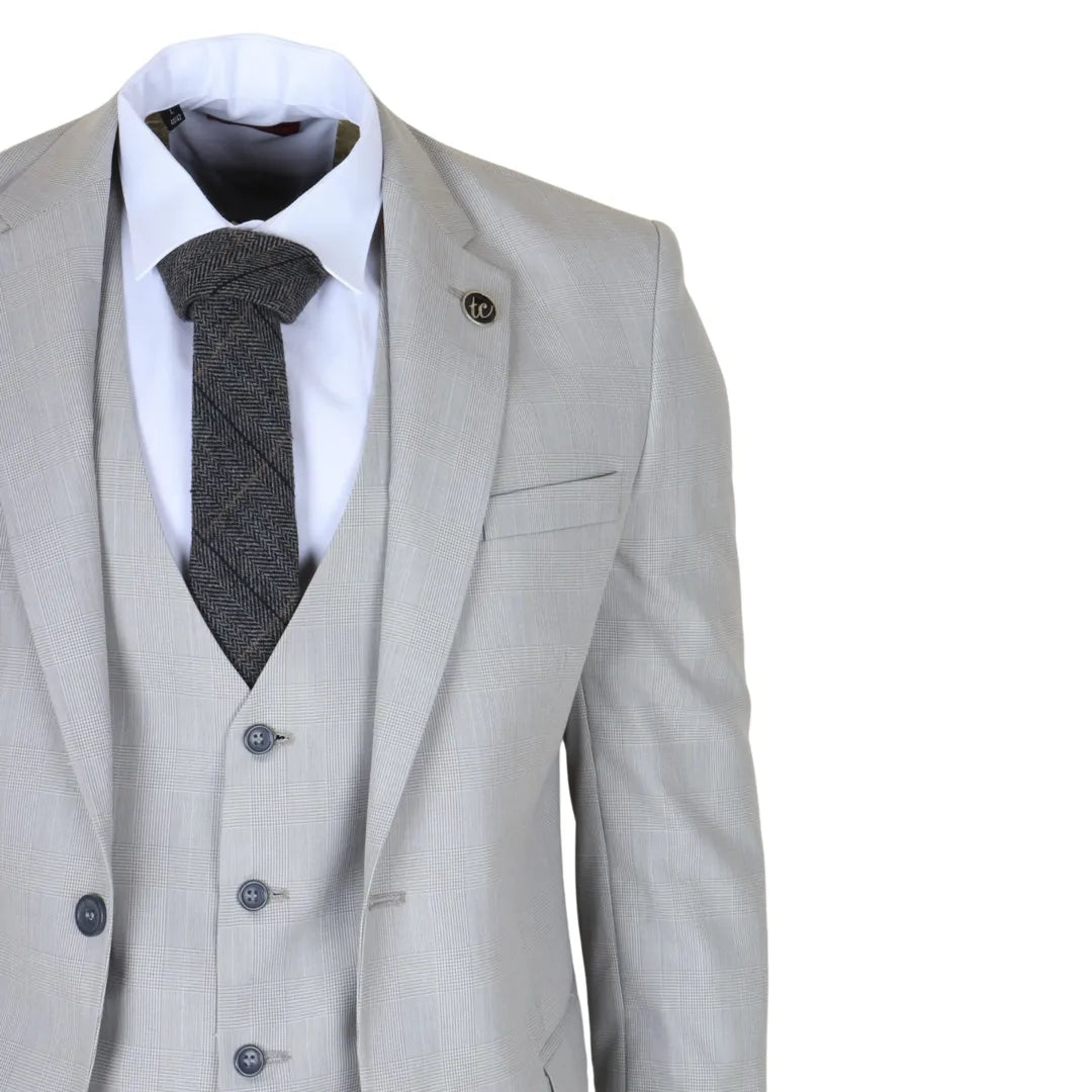 IM31 - Men's Grey 3 Piece Prince Of Wales Check Suit