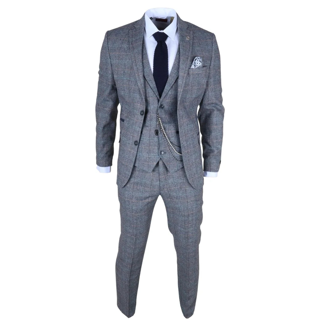 STZ74 - Men's 3 Piece Suit Wool Tweed Light Blue Grey Check