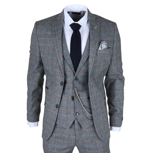 STZ74 - Men's 3 Piece Suit Wool Tweed Light Blue Grey Check