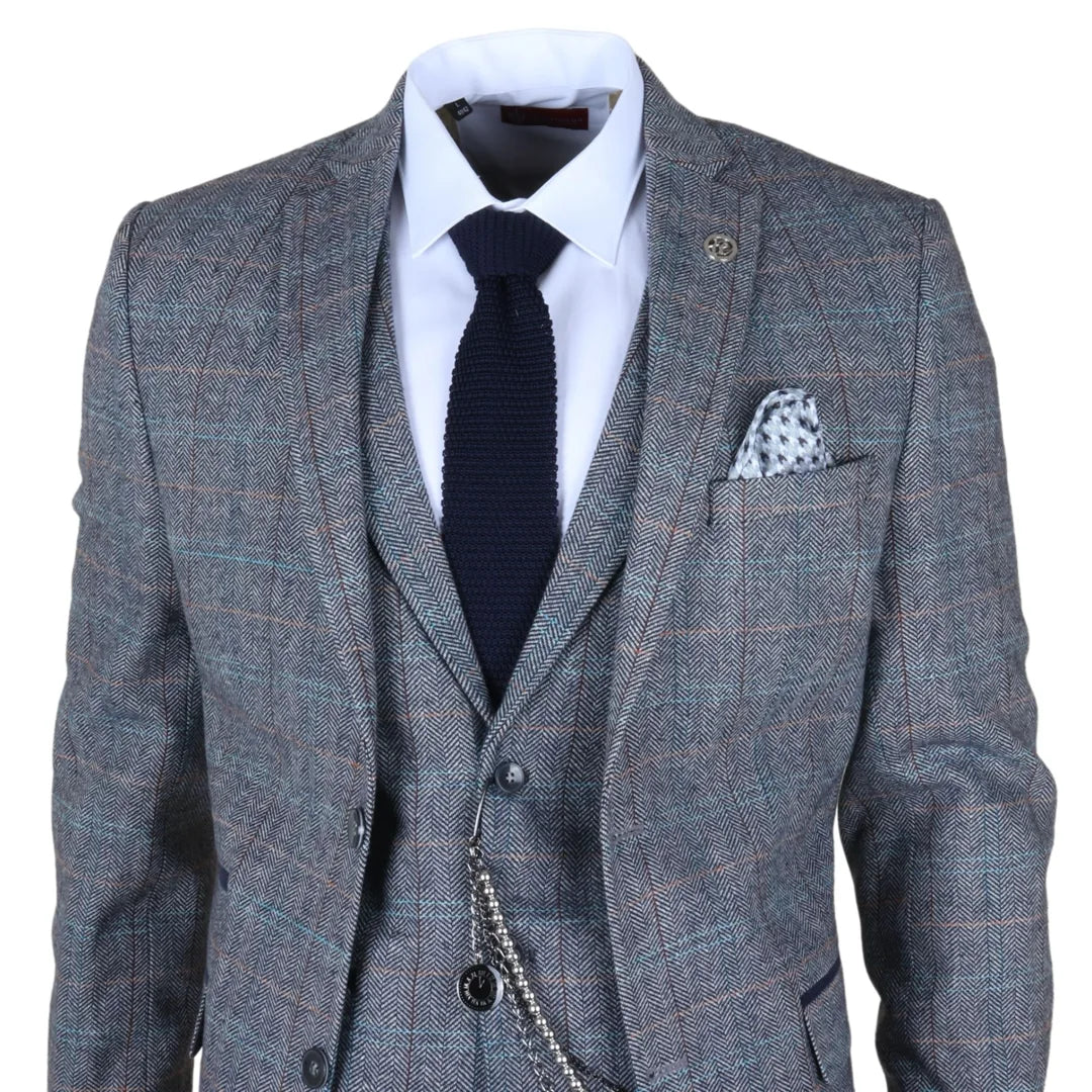 STZ74 - Men's 3 Piece Suit Wool Tweed Light Blue Grey Check