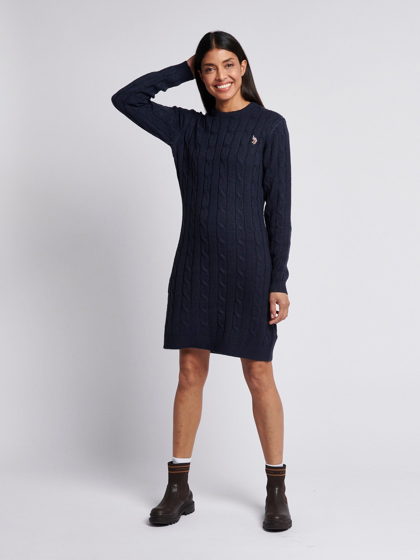 Womens Cable Knit Dress in Navy Iris