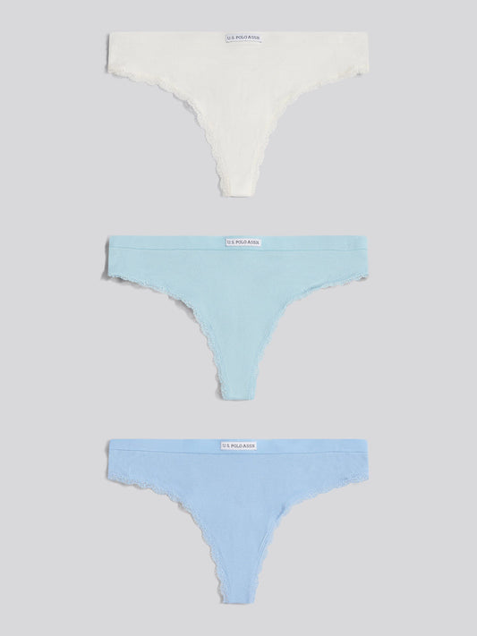 Womens 3 Pack Lace Trim Rib Thong in Aquamarine