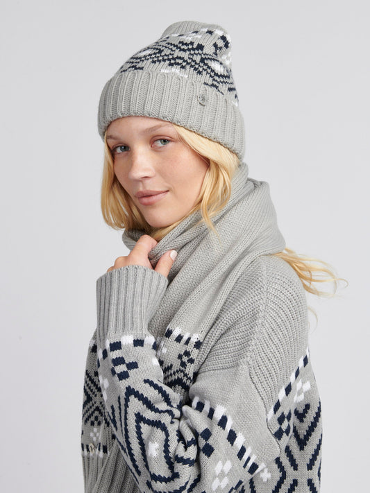 Womens Fair Isle Beanie & Scarf Set in Pearl Grey Marl