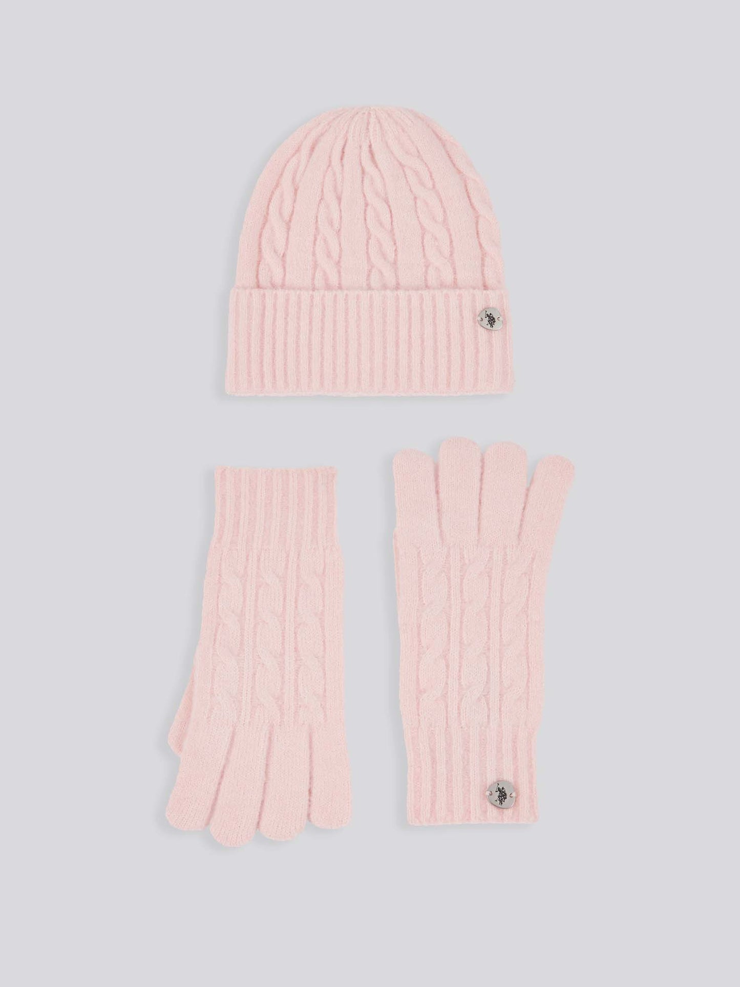 Womens Signature Cable Knit Beanie & Gloves Set in Crystal Rose