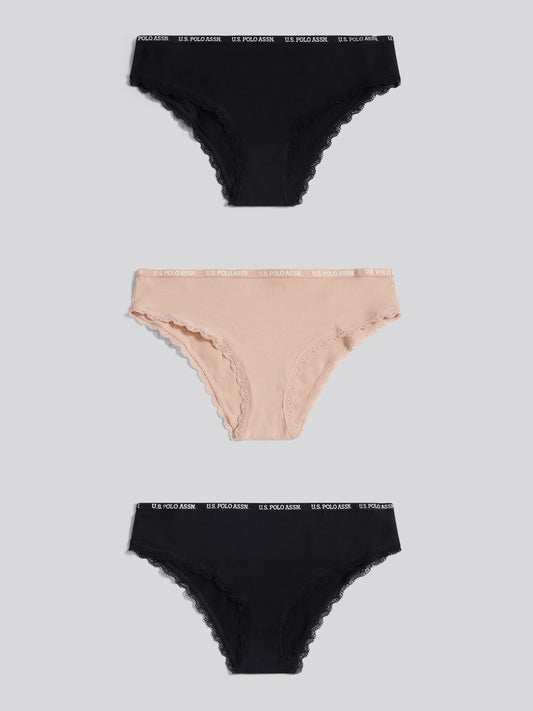 Womens 3 Pack Lace Trim Thin Waistband Bikini Brief in Black