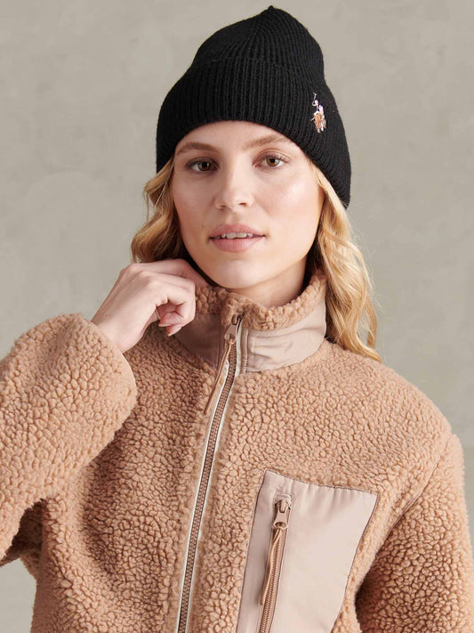 Womens Multicolour Double Horsemen Knit Beanie in Black