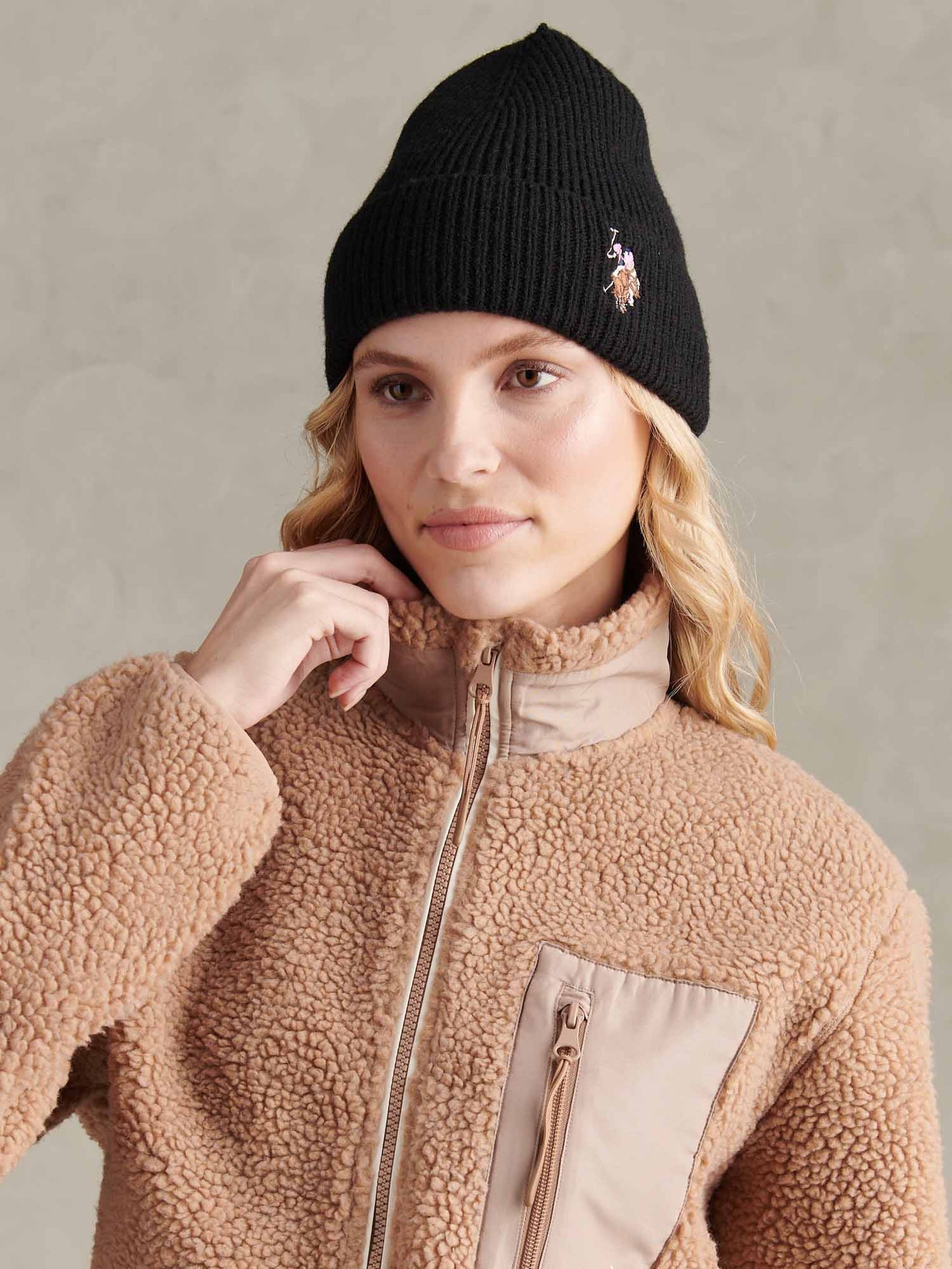 Womens Multicolour Double Horsemen Knit Beanie in Black