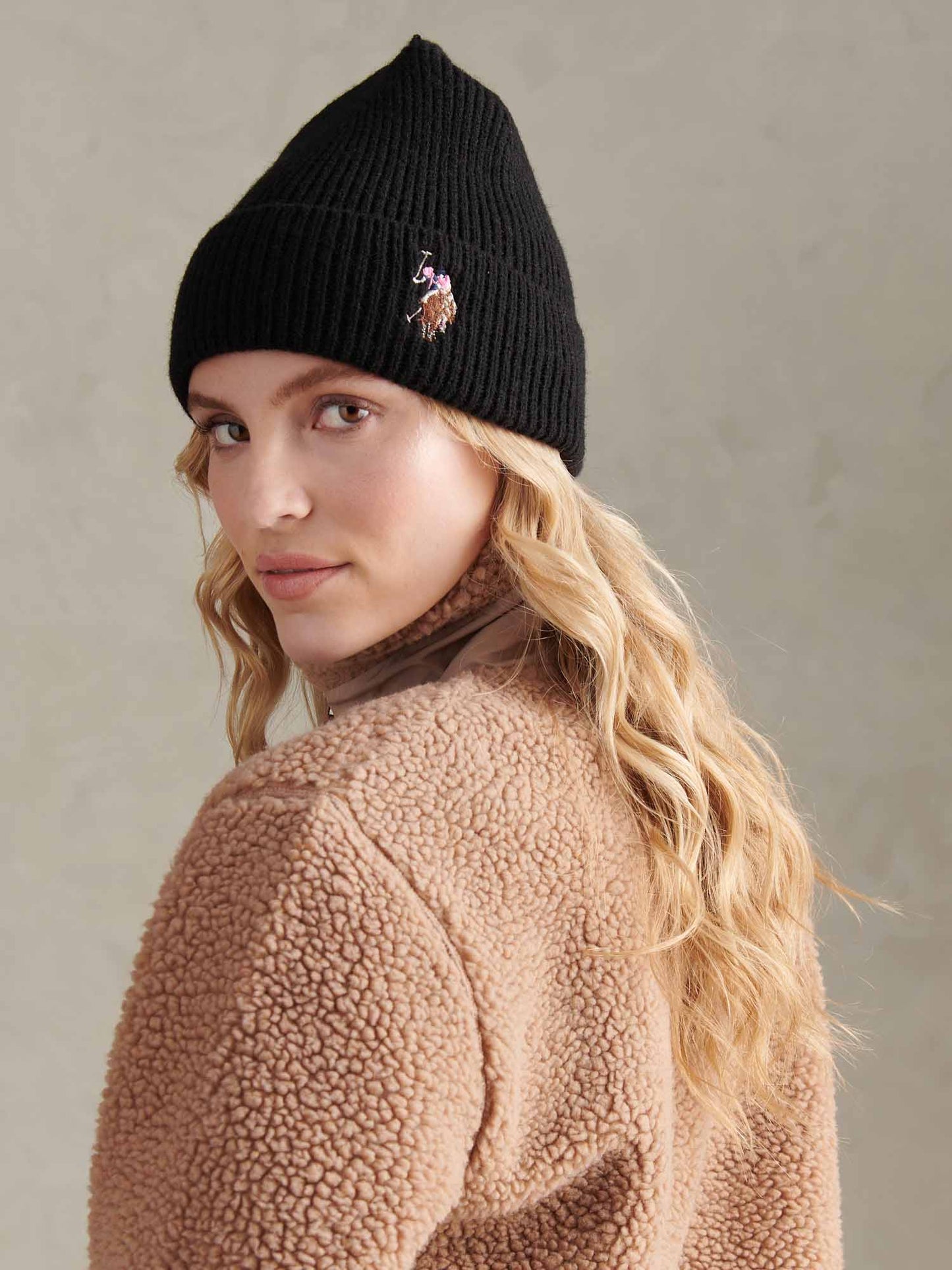 Womens Multicolour Double Horsemen Knit Beanie in Black