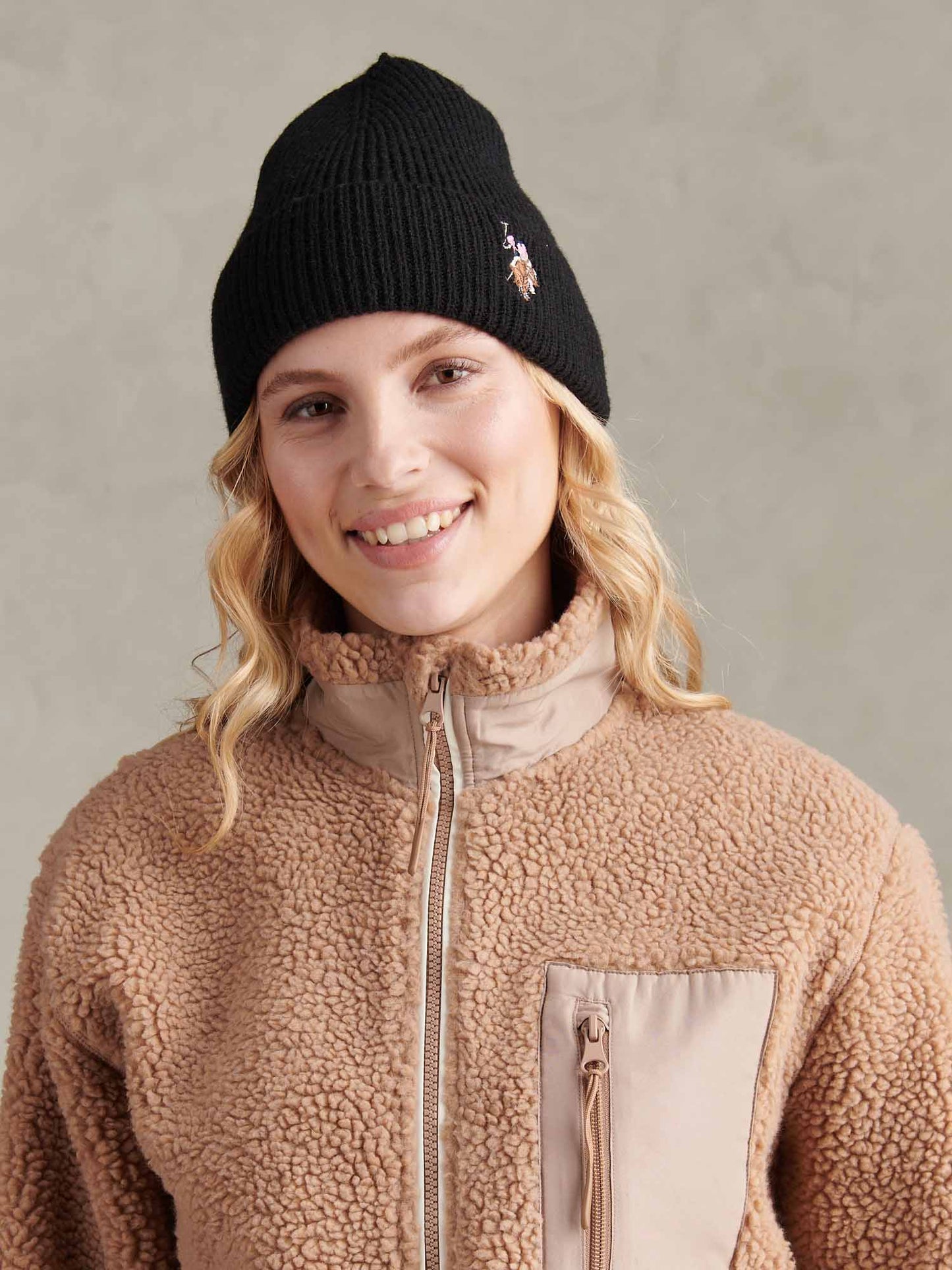 Womens Multicolour Double Horsemen Knit Beanie in Black