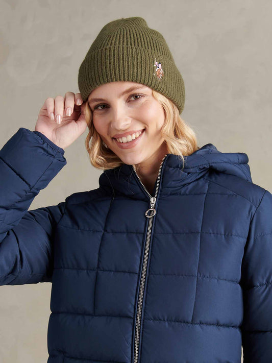 Womens Multicolour Double Horsemen Knit Beanie in Kalamata Green