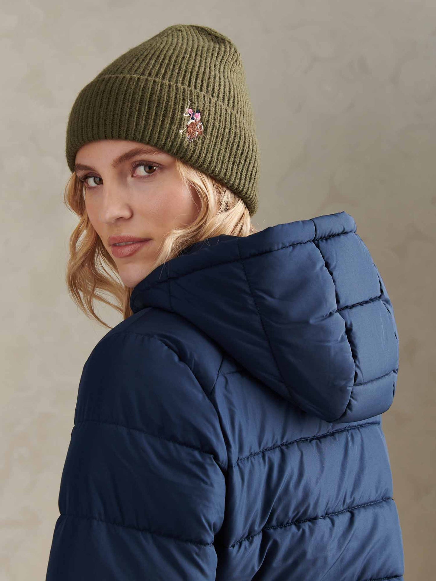 Womens Multicolour Double Horsemen Knit Beanie in Kalamata Green