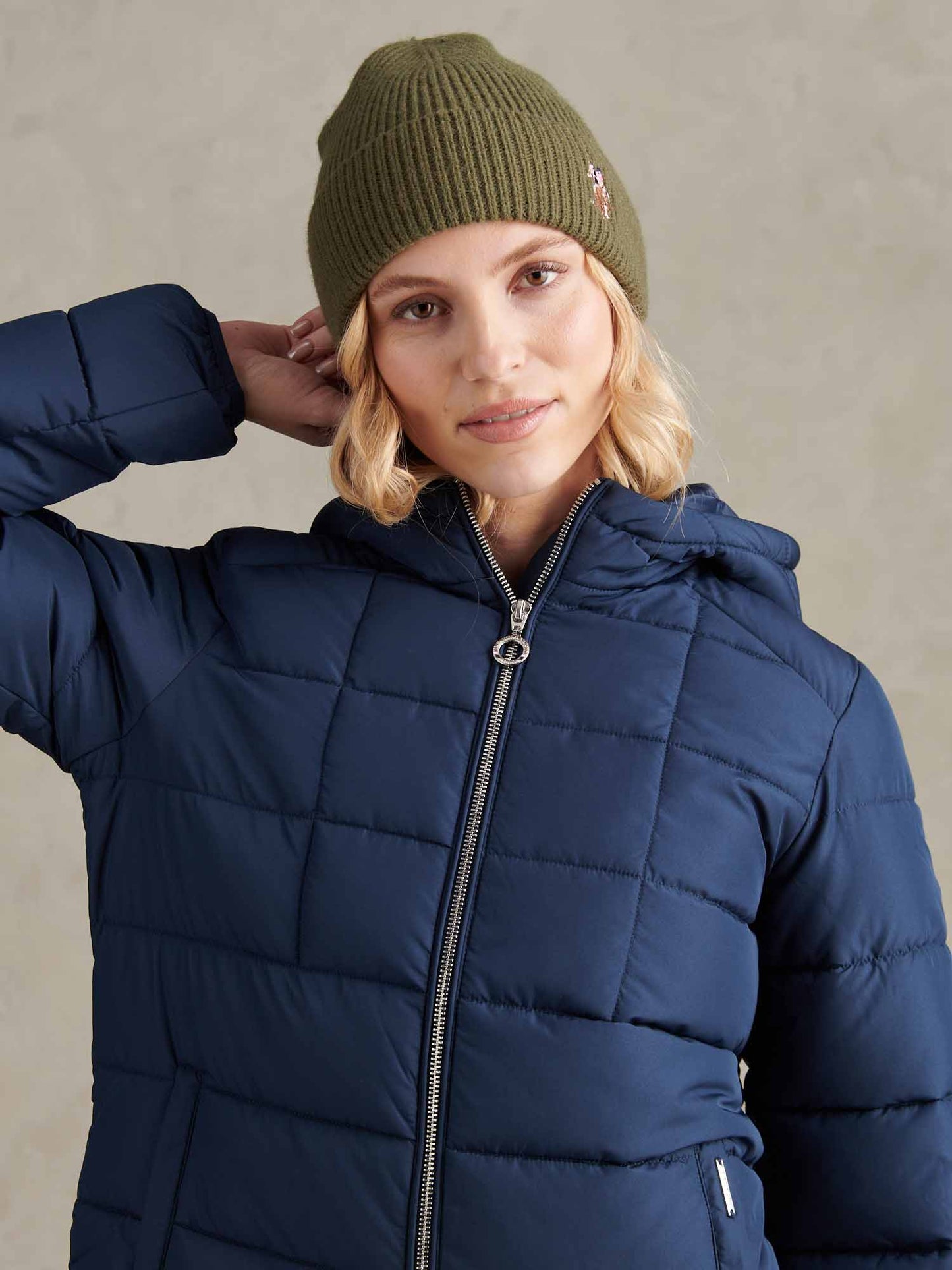 Womens Multicolour Double Horsemen Knit Beanie in Kalamata Green