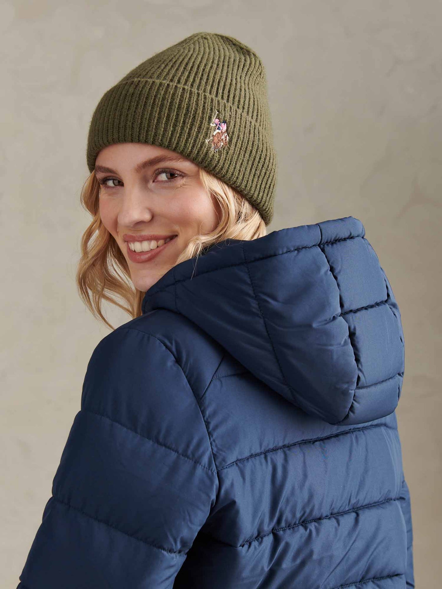 Womens Multicolour Double Horsemen Knit Beanie in Kalamata Green