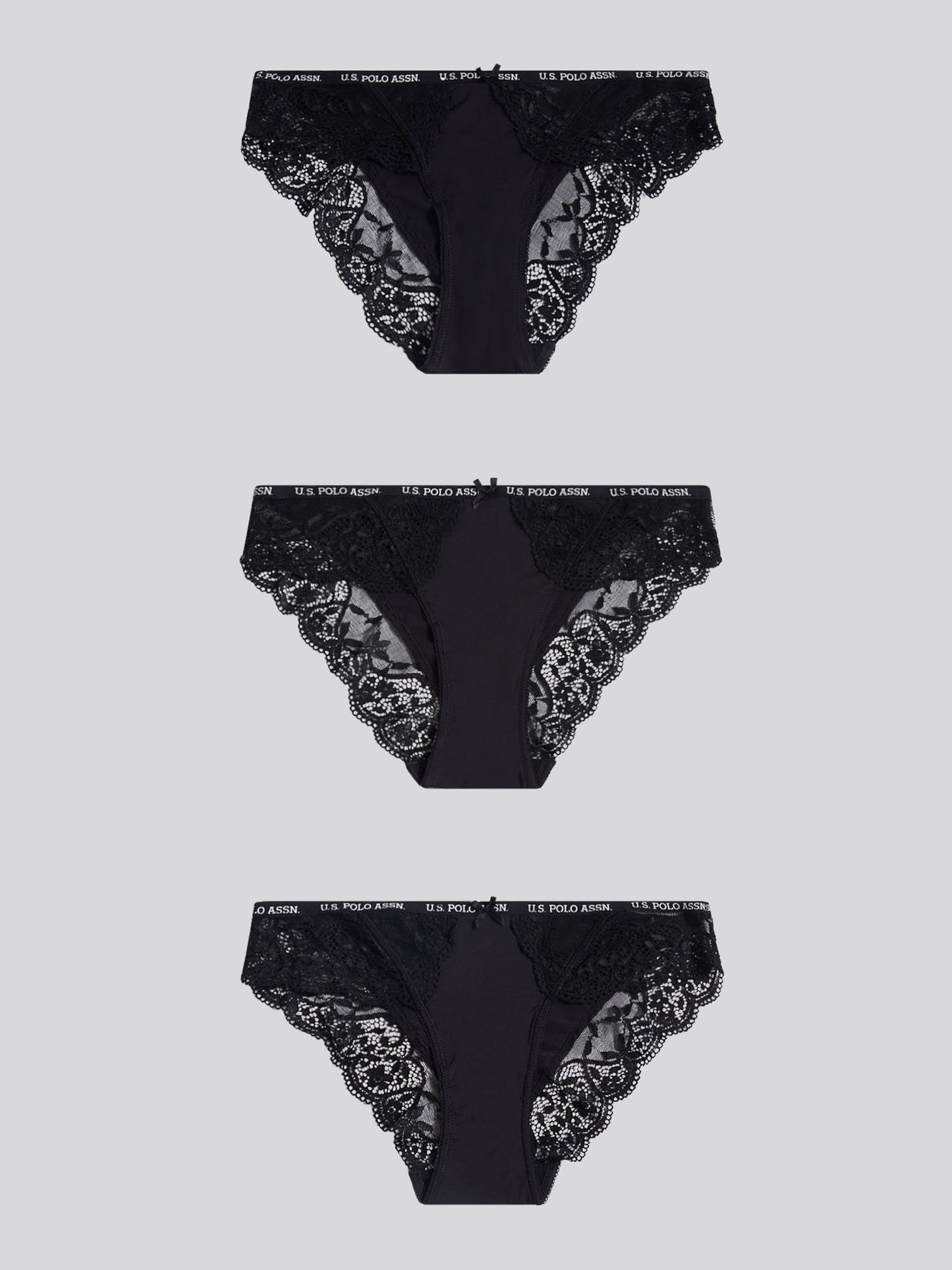 Womens 3 Pack Picot Trim & Lace Mix Bikini Brief in Black