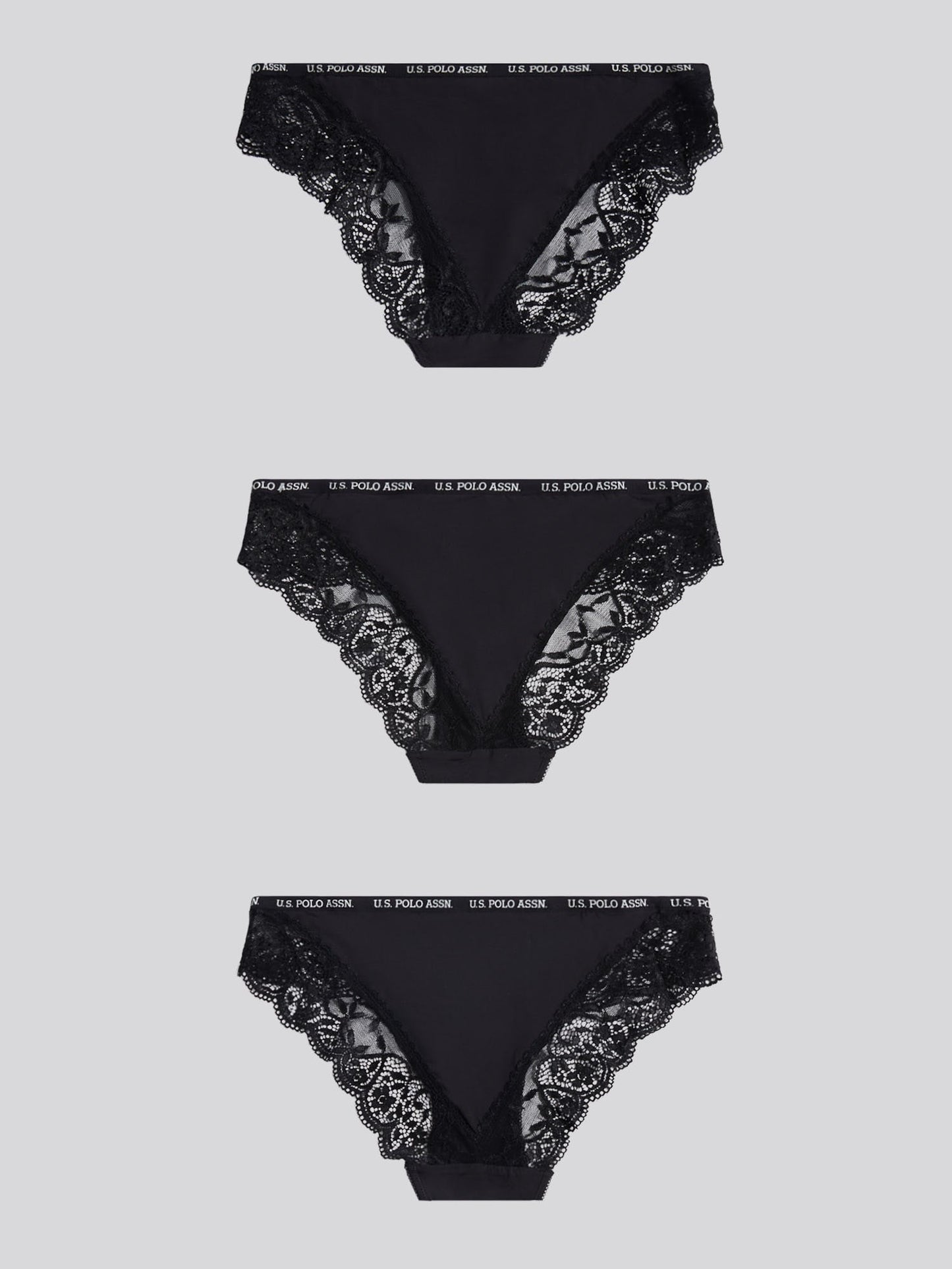 Womens 3 Pack Picot Trim & Lace Mix Bikini Brief in Black
